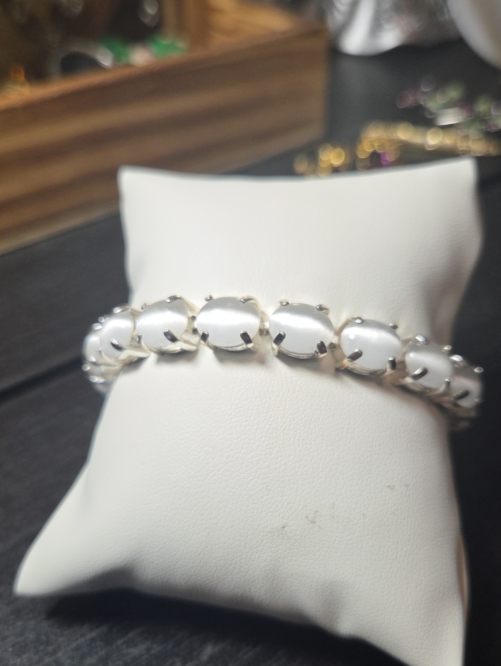 Cat Eye Glass Cabochon Silver Tone Bracelet
